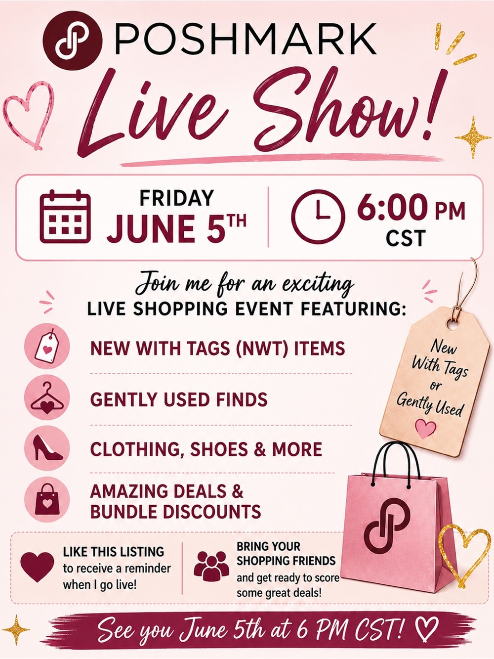 🎉 LIVE SHOW • June 5th • 6 PM CST • NWT & Gently Used Clothing, Shoes & More! 🛍️